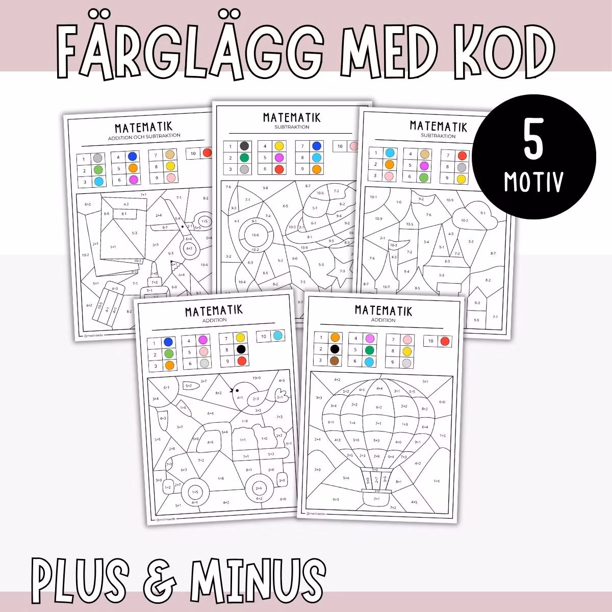 Färglägg med kod - Plus och minus (talområde 0-10)