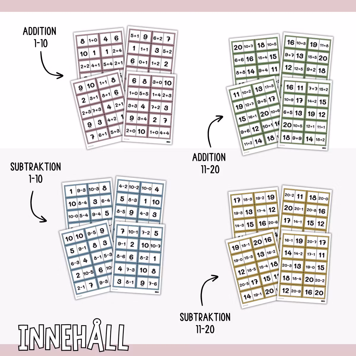 Matte-domino - Addition och subtraktion 1-20 (4 spel)