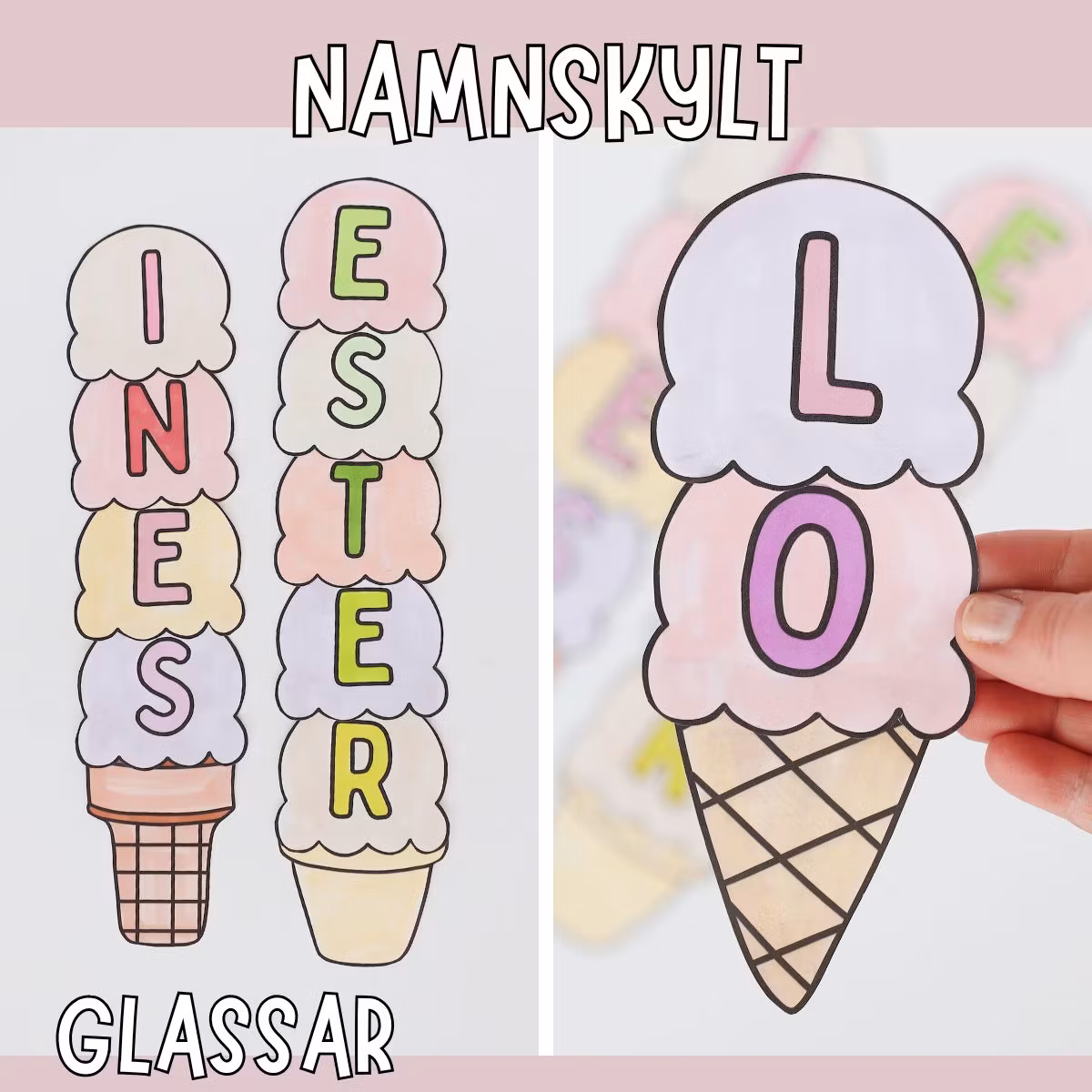 Namnskylt i form av en glass - Bokstavspyssel för barn
