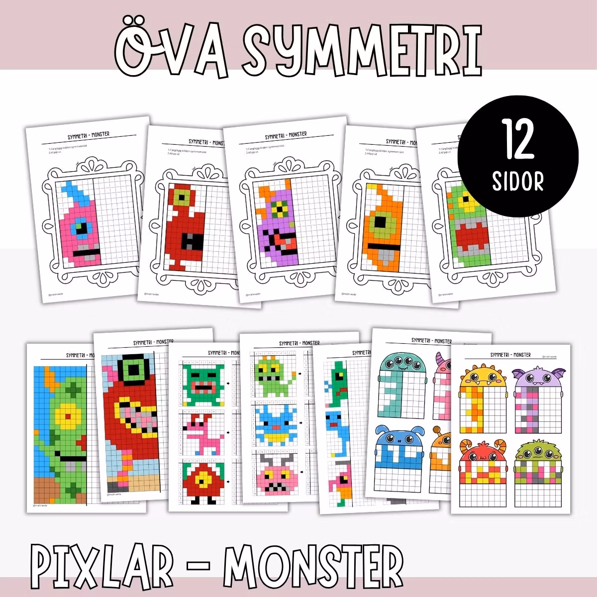 Öva symmetri - Pixelbilder tema monster