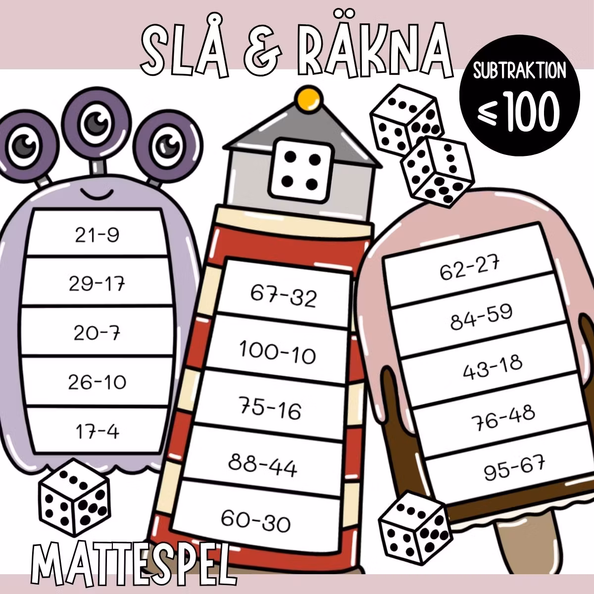 Slå & räkna (10 mattespel) - Subtraktion upp till 100