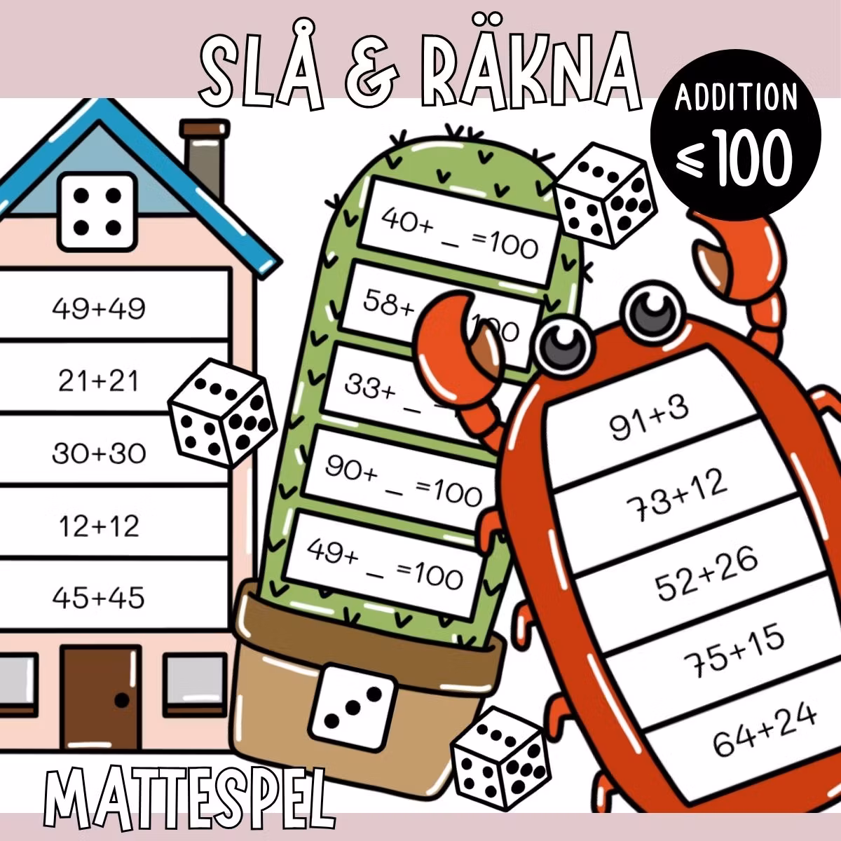 Slå & räkna (10 mattespel) - Addition upp till 100
