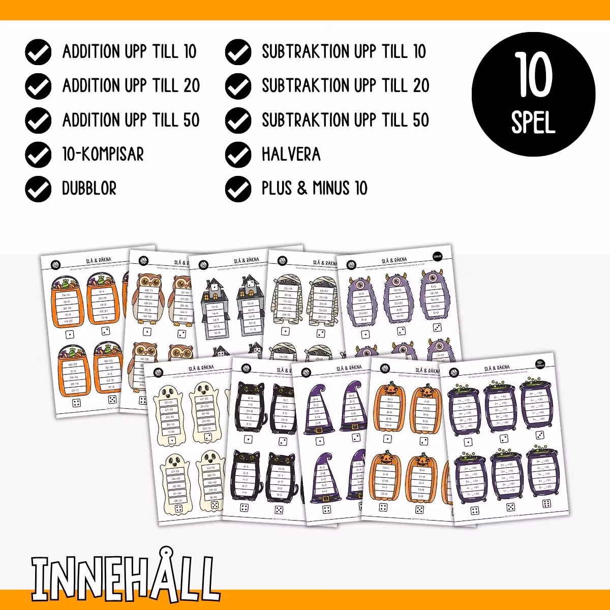 10 mattespel (slå & räkna) - Halloween