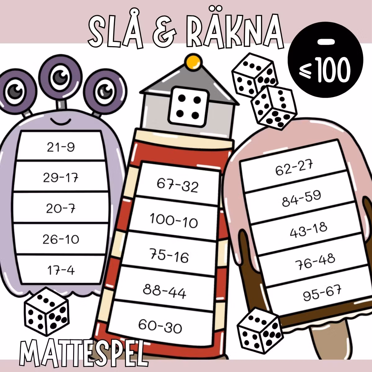 Slå & räkna (10 mattespel) - Subtraktion upp till 100
