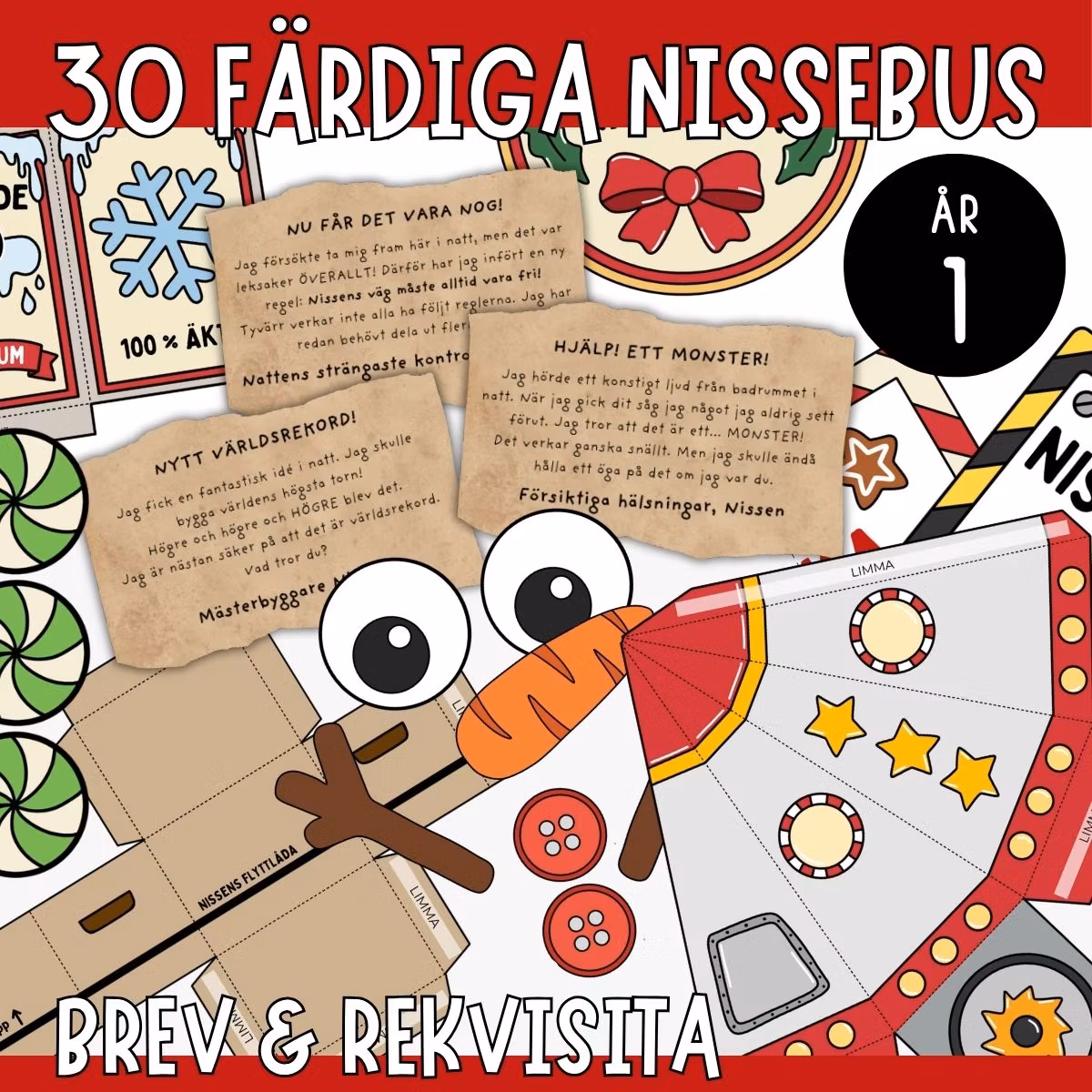 30 färdiga Nissebus - Nissebrev & rekvisita (år 1)