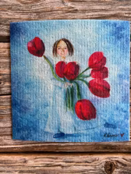 Hej lilla ängel med tulpaner i famn.