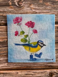 Hej lilla blåmes med pelargon under vingen.