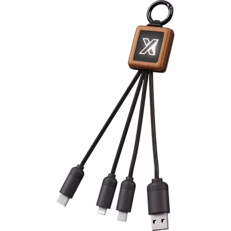 3-i-1-kabel i trä med upplyst logotyp och tre kontakter