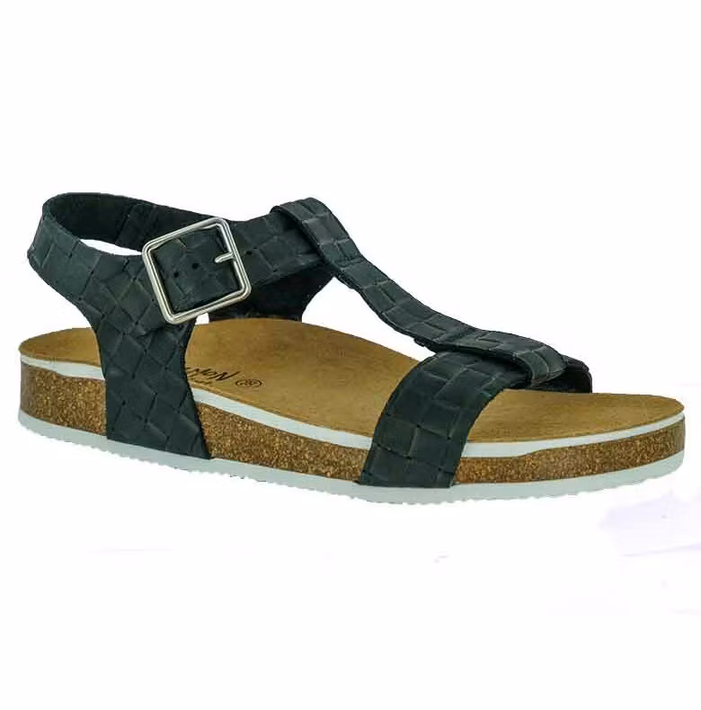 Cinnamon - Lea svart biosandal i nubuck med reglerbart spänne
