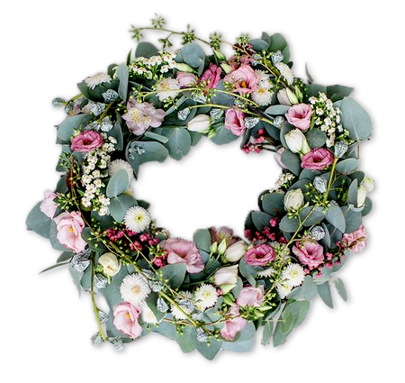Krans med rosa och vita blommor kantad med Eukalyptus