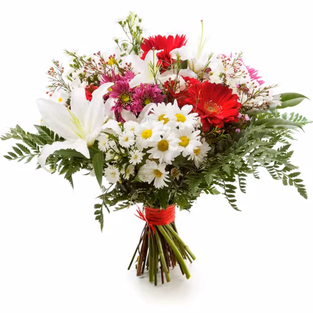Stående bukett i vita och rosaröda toner