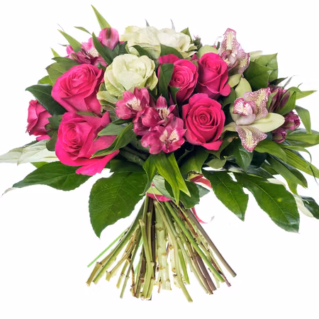 Stående bukett med blommor i rosa