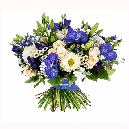 Stående bukett med blommor blått och vitt