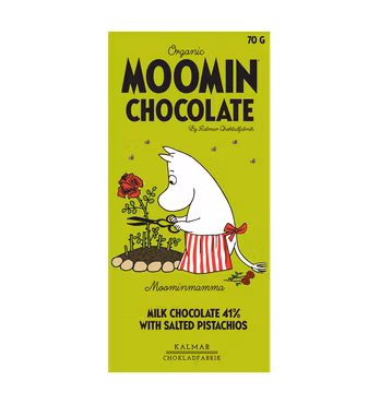 Organic Moomin Chocolate Moominmamma – Mjölkchoklad 41% med pistage och salt