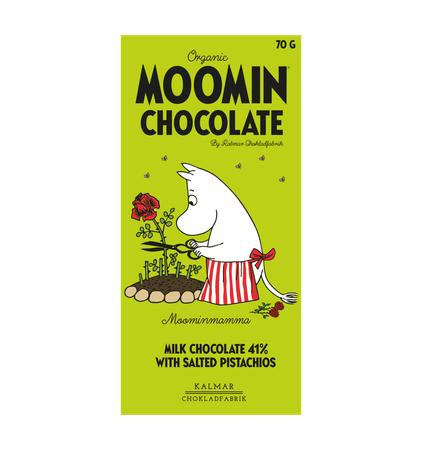 Organic Moomin Chocolate Moominmamma – Mjölkchoklad 41% med pistage och salt