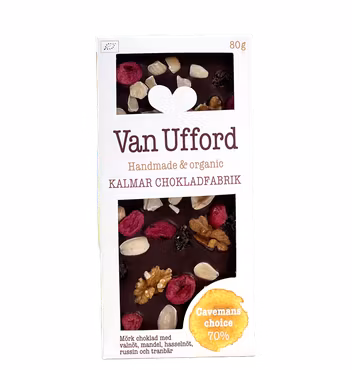 Chokladkaka Cavemans choice – Mörk choklad med valnöt, hasselnöt, russin och tranbär