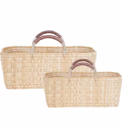 Stråväska/korg 42 cm med handtag i naturläder.