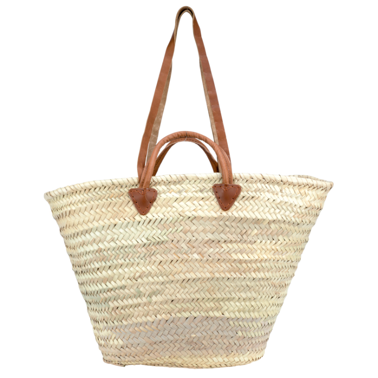 Stor stråväska med platta långa & runda korta handtag. Ljus naturfärg.