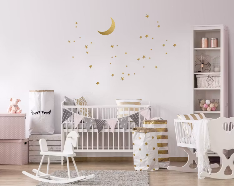 Babylove, wallsticker guld måne med stjerner