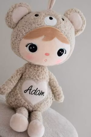 Beige teddybjørn, stor dukke med navn