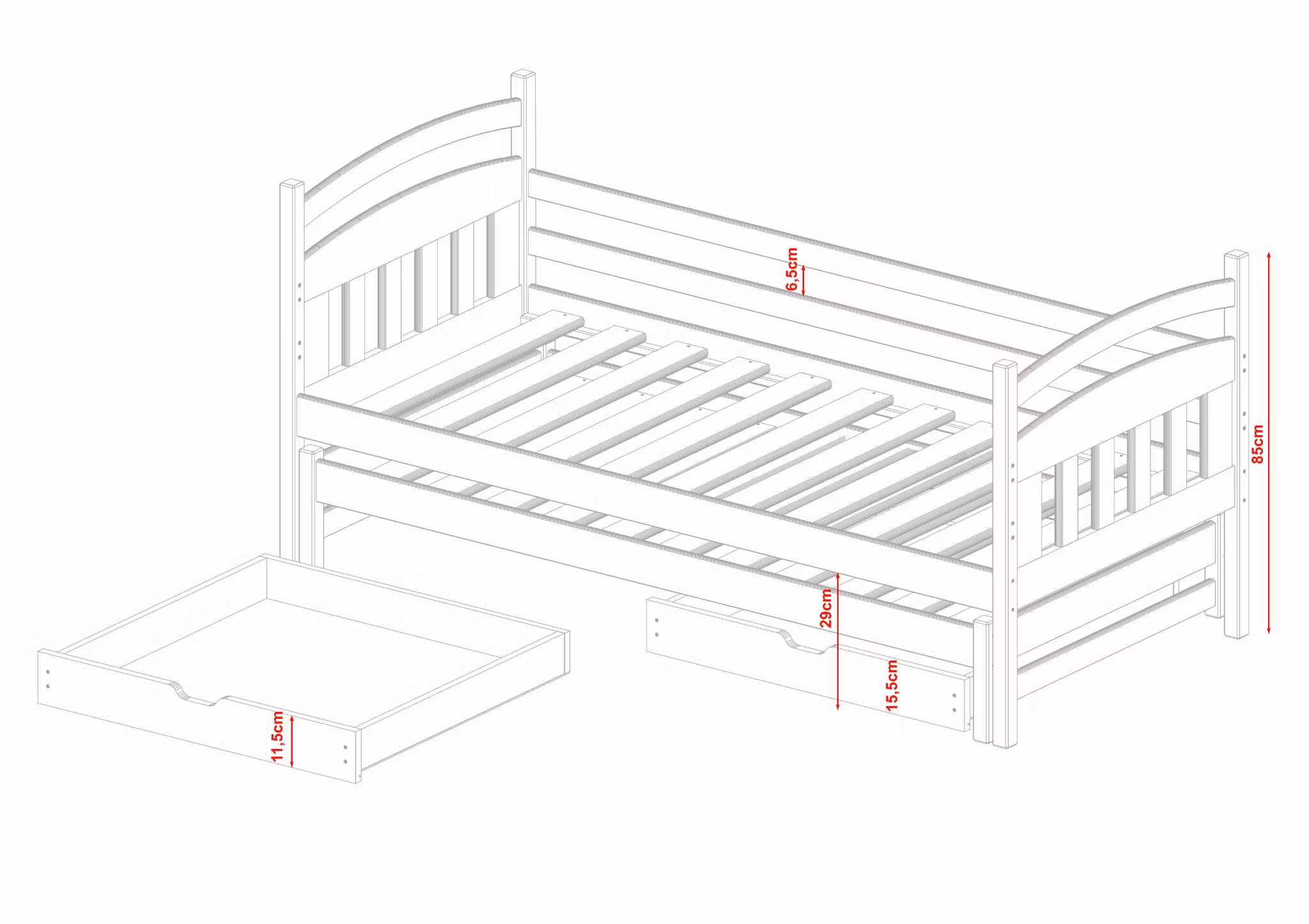 Børneseng/juniorseng med udtræksseng, dagseng Gia