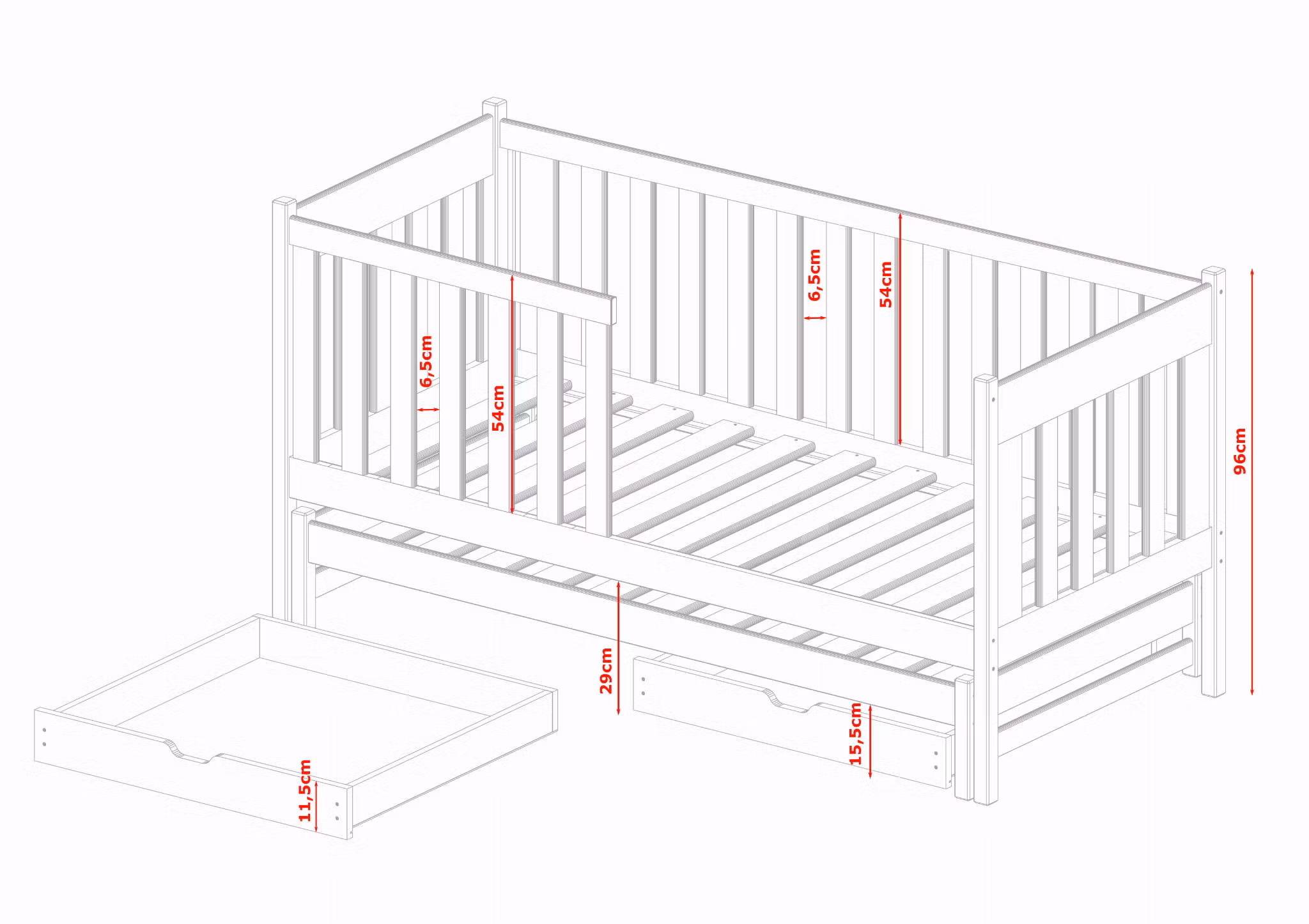 Børneseng med tremme og udtræksseng, Kiara