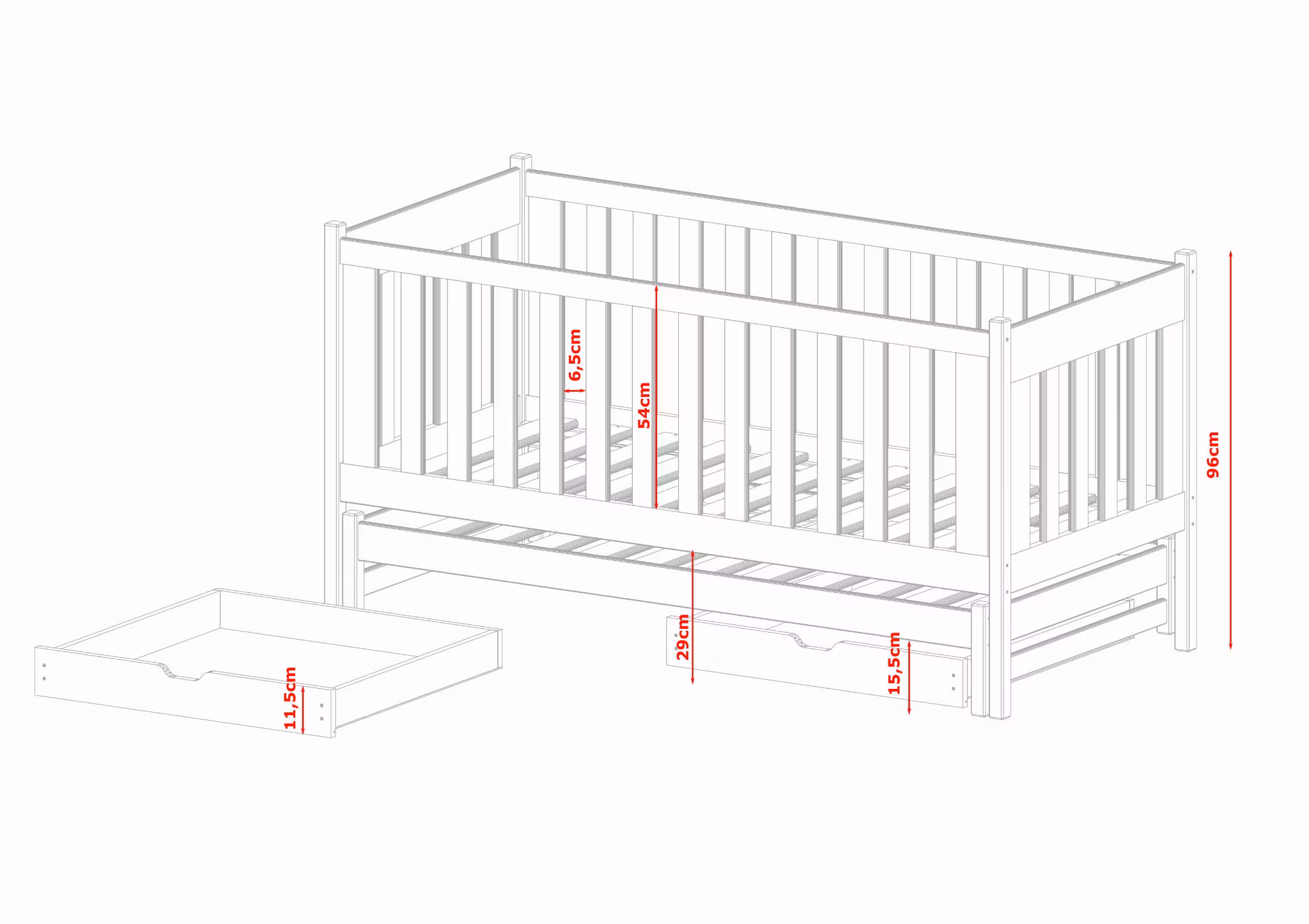 Børneseng med tremme og udtræksseng, Kiara