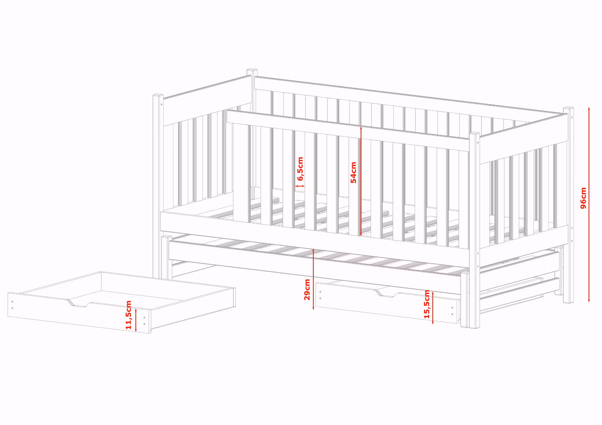 Børneseng med tremme og udtræksseng, Kiara