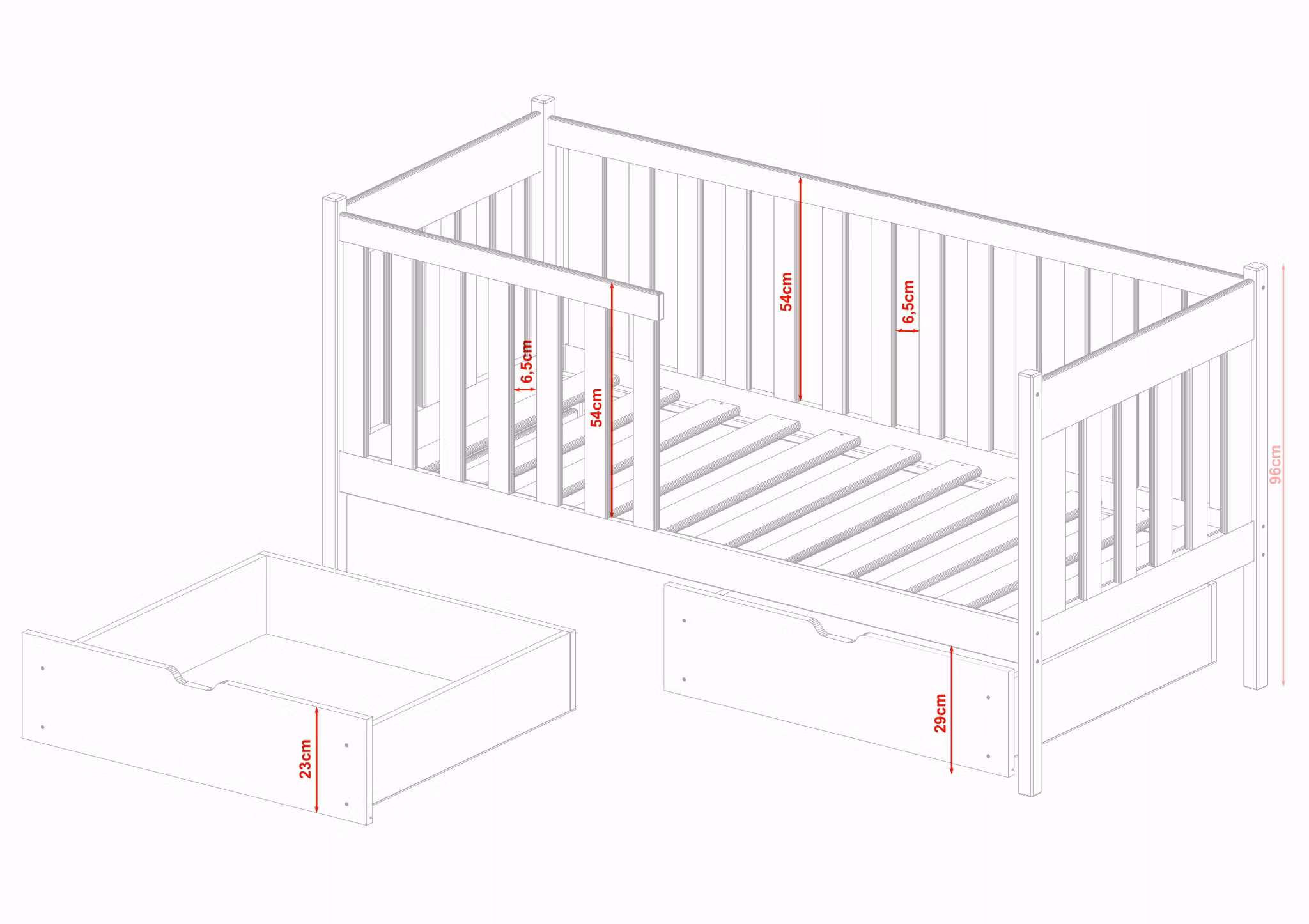 Børneseng /juniorseng med tremme, Alma