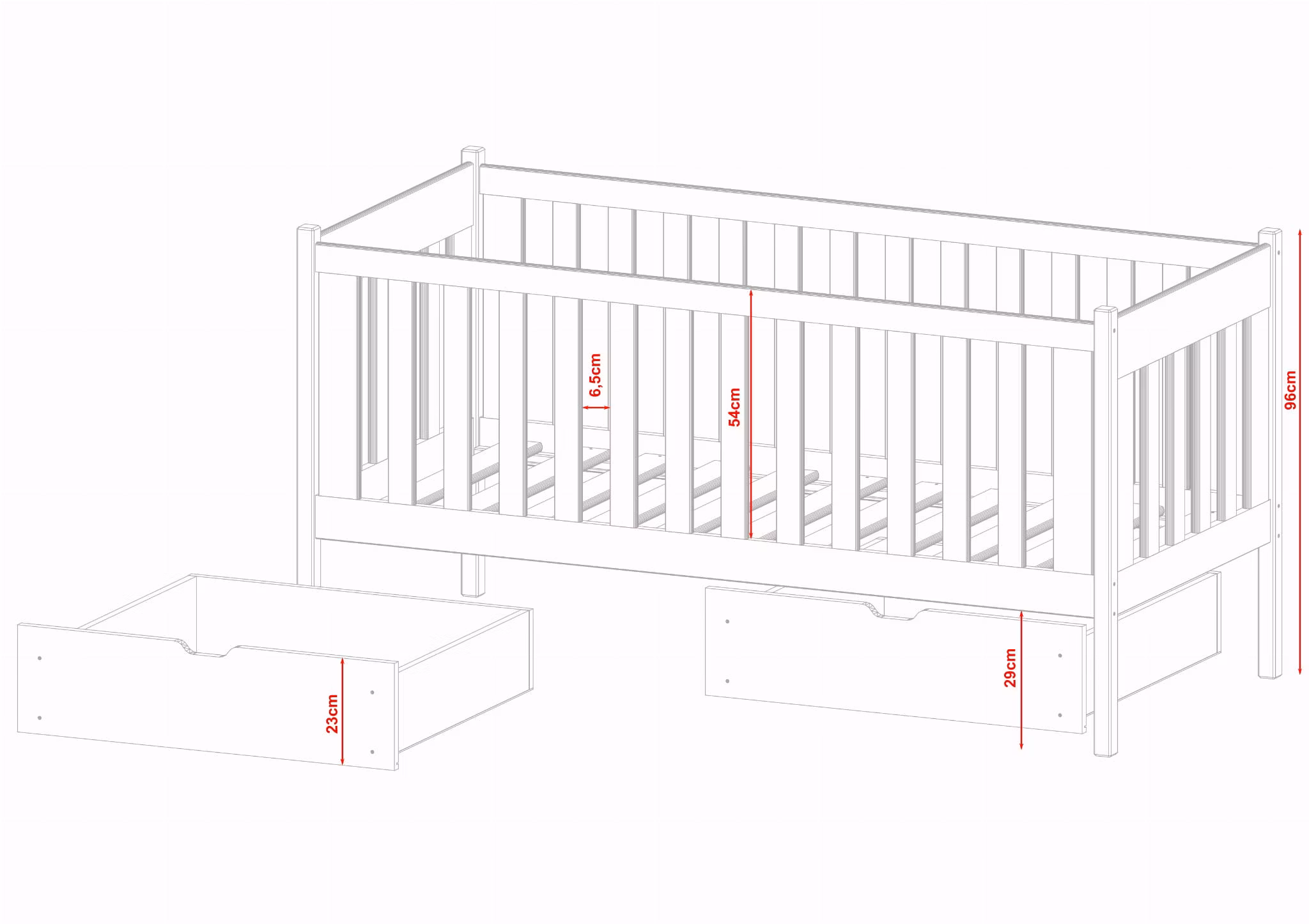 Børneseng /juniorseng med tremme, Alma