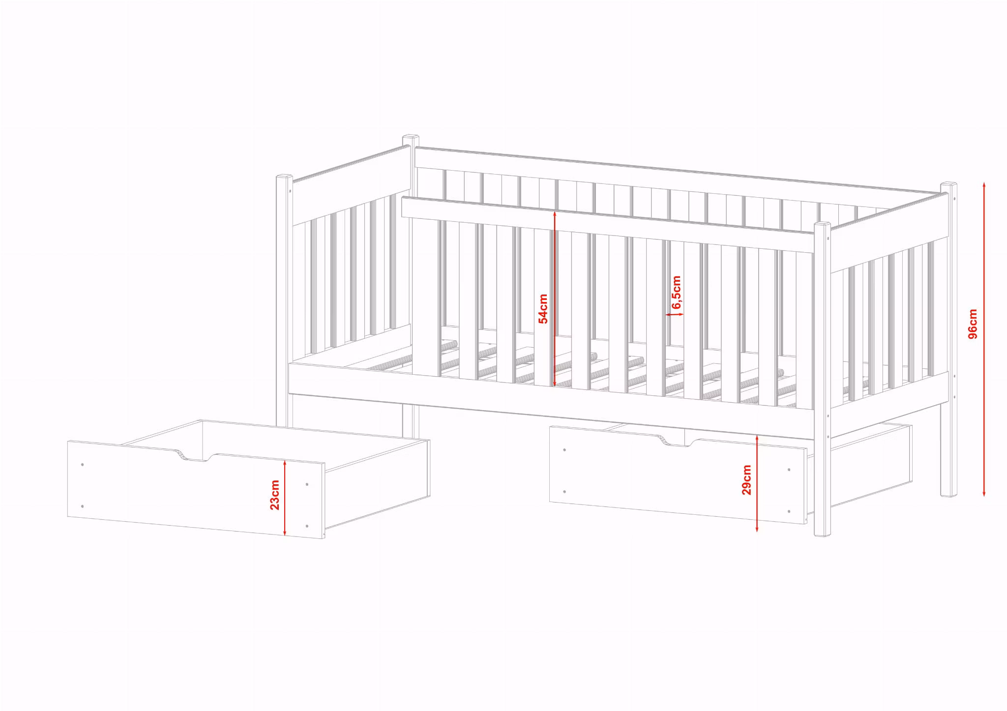 Børneseng /juniorseng med tremme, Alma