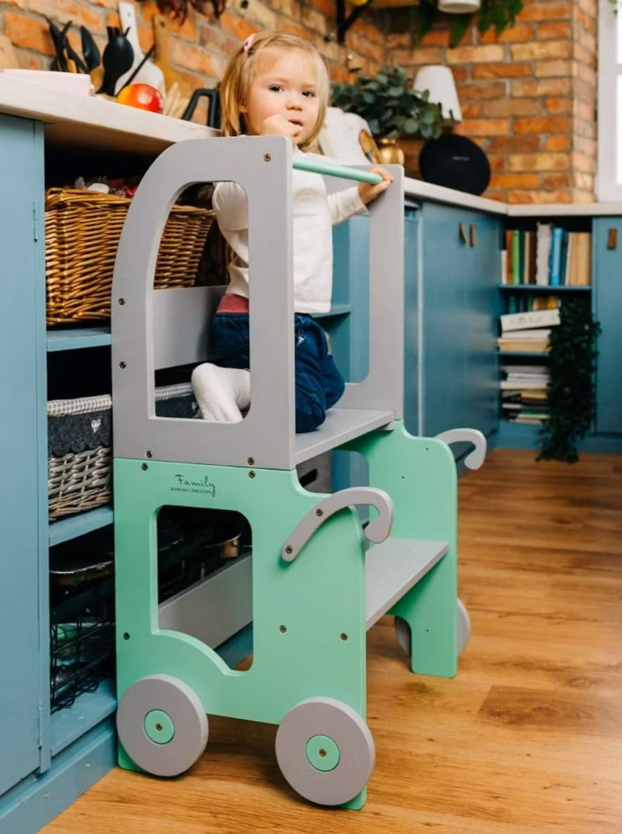 Bygbar læringstårn taburet bil, mint/grå