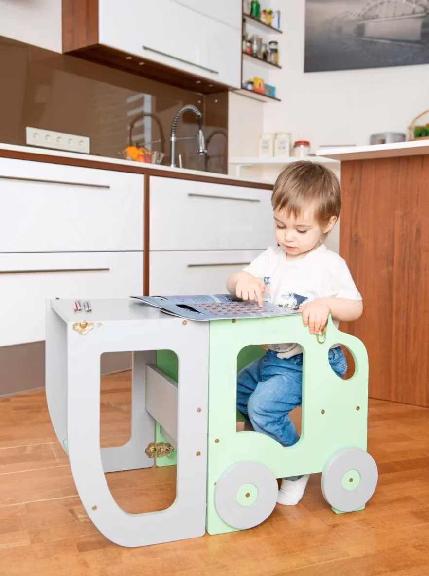 Bygbar læringstårn taburet bil, mint/grå
