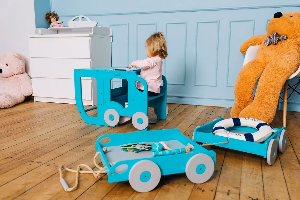 Bygbar læringstårn taburet bil, blå