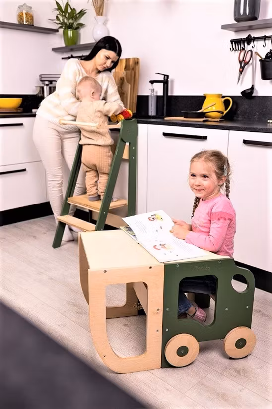 Bygbar læringstårn taburet bil, kaki/natur