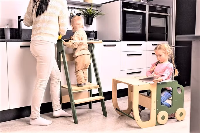 Bygbar læringstårn taburet bil, kaki/natur