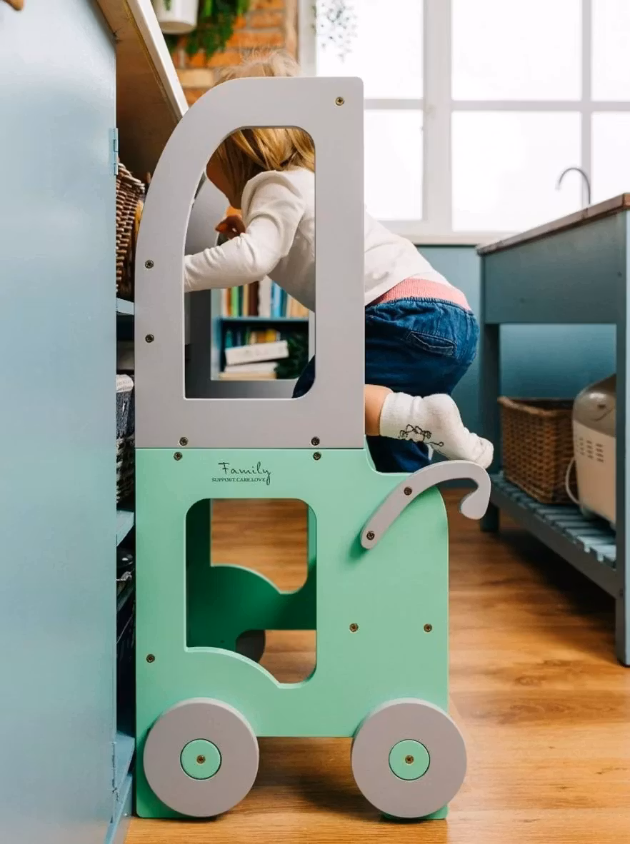 Bygbar læringstårn taburet bil, mint/grå