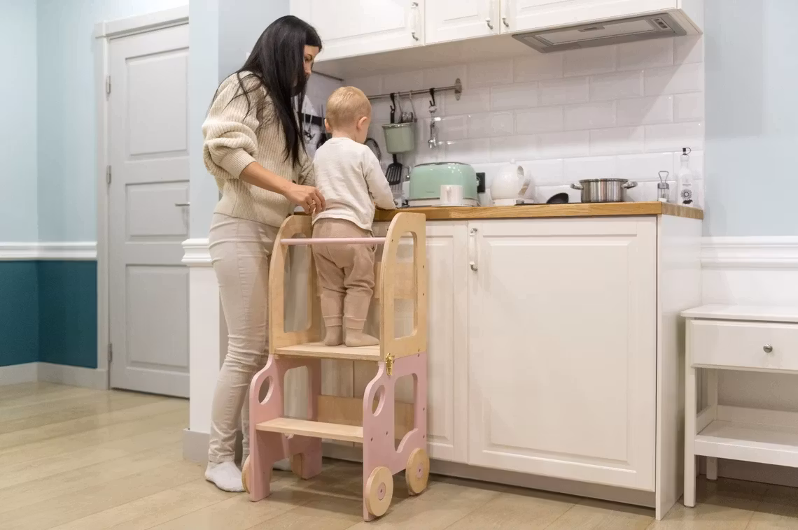 Bygbar læringstårn taburet bil, lyserød/natur