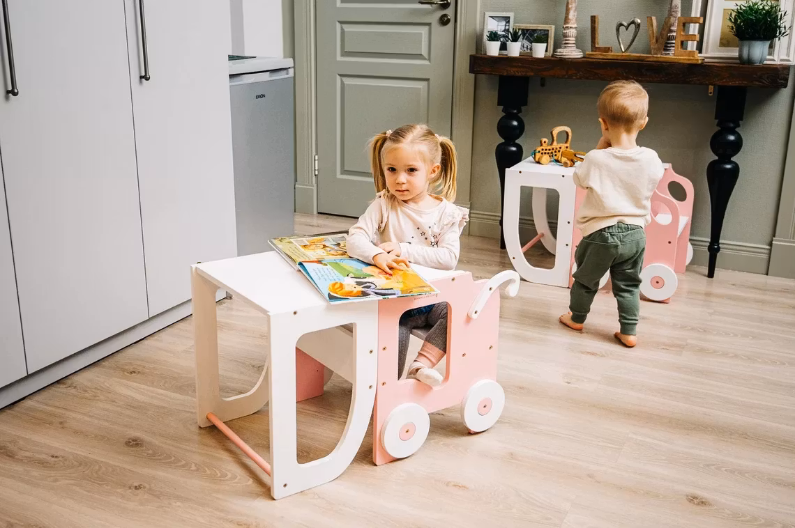 Bygbar læringstårn taburet bil, lyserød/hvid