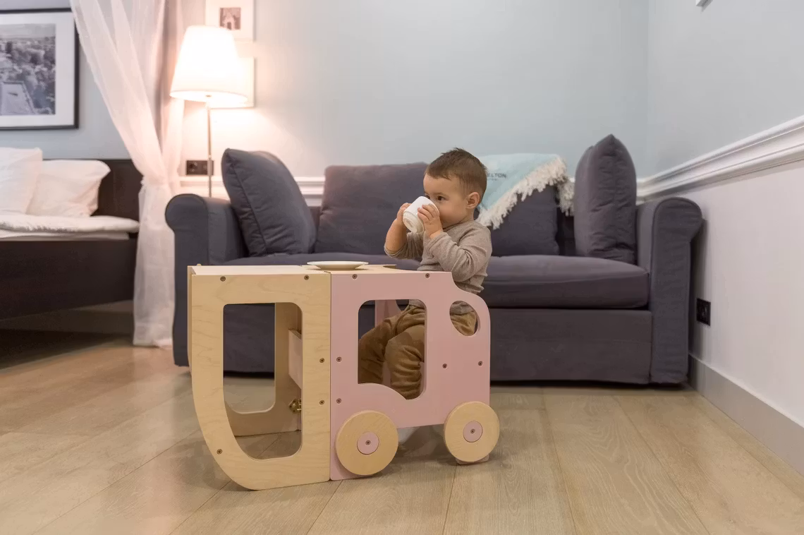 Bygbar læringstårn taburet bil, lyserød/natur