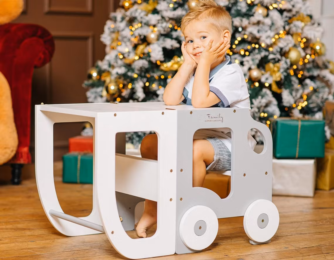 Bygbar læringstårn taburet bil, grå/hvid