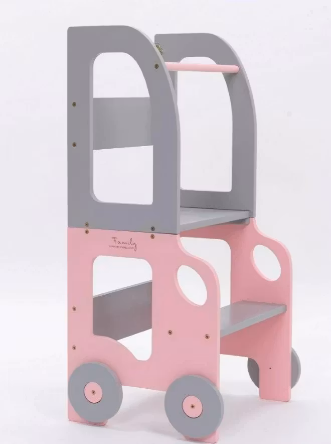 Bygbar læringstårn taburet bil, lyserød/grå