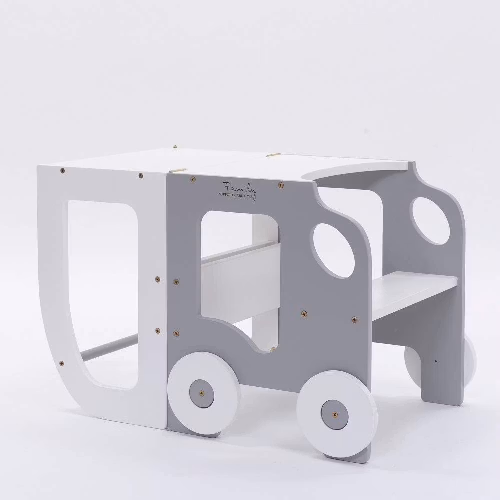 Bygbar læringstårn taburet bil, grå/hvid