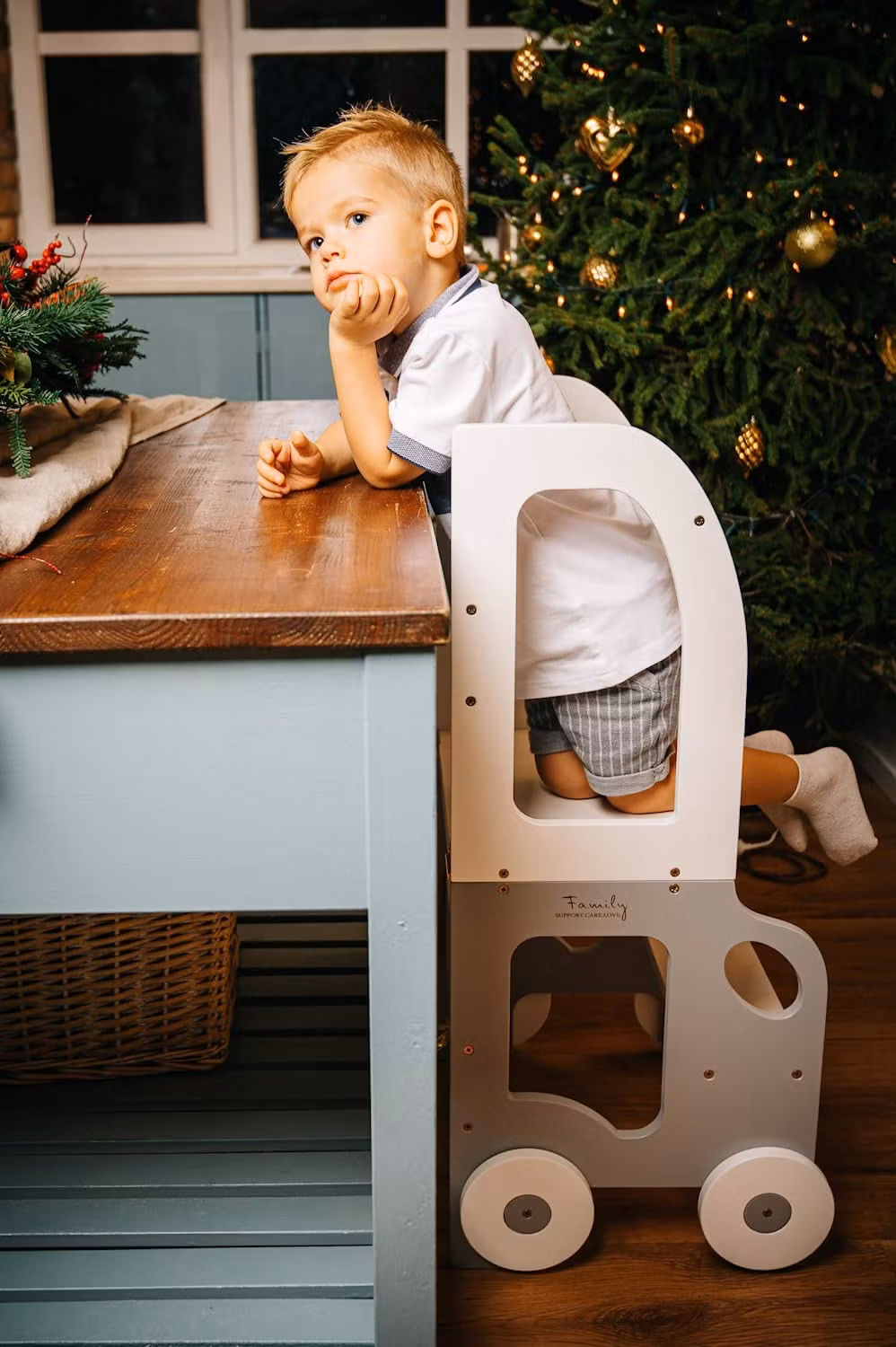 Bygbar læringstårn taburet bil, grå/hvid