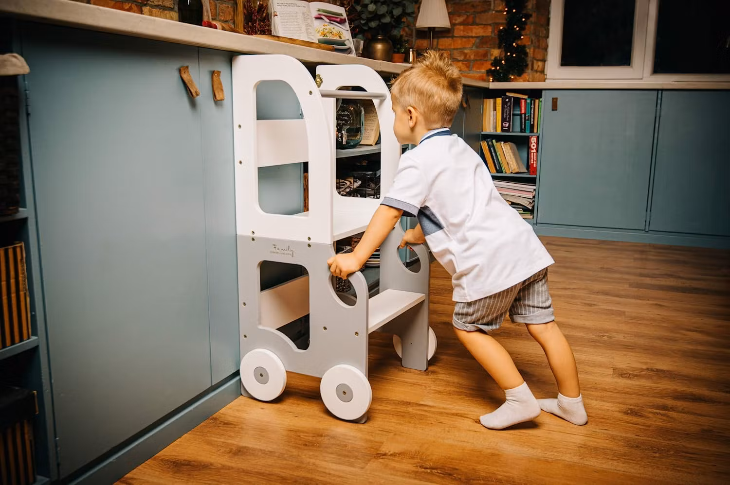 Bygbar læringstårn taburet bil, grå/hvid