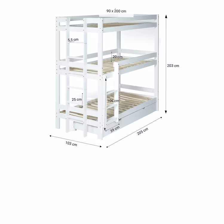 Hvid køjeseng med tre senge 90x200 cm