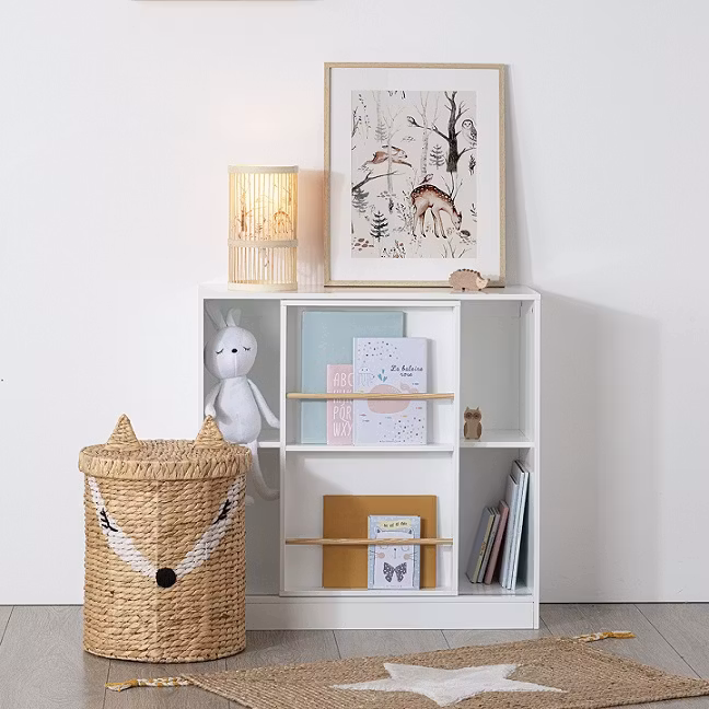 Reol med skydedør, hvid/natur