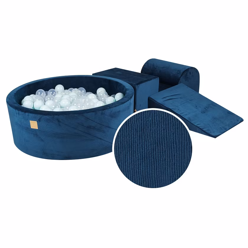 Meow, Blå bygbar fløjlsbukser legeplads med boldbassin, 200 bolde