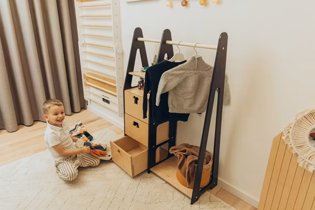 Duck Woodworks, garderobe tøjstang med kasser Clothes, sort/natur