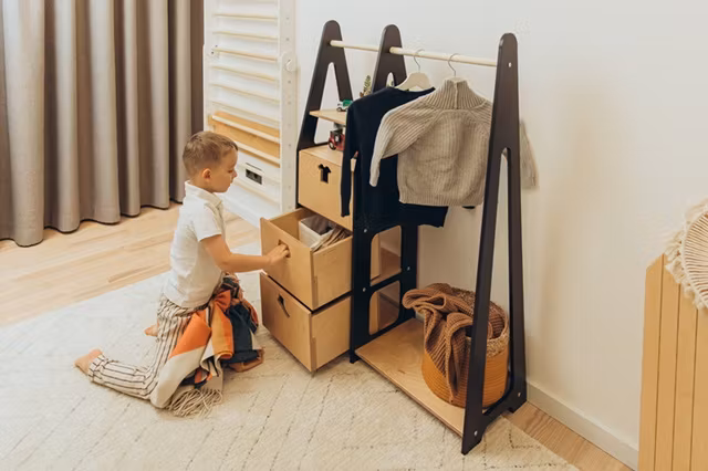 Duck Woodworks, garderobe tøjstang med kasser Clothes, sort/natur